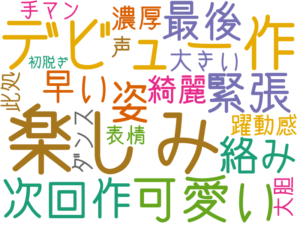 楽しみ, デビュー作, 可愛い, 次回作, 緊張, 姿, 最後, 絡み, 早い, 綺麗, 濃厚, 大きい, 躍動感, ダンス, 声, 手マン, 表情, 大胆, 此処, 初脱ぎ